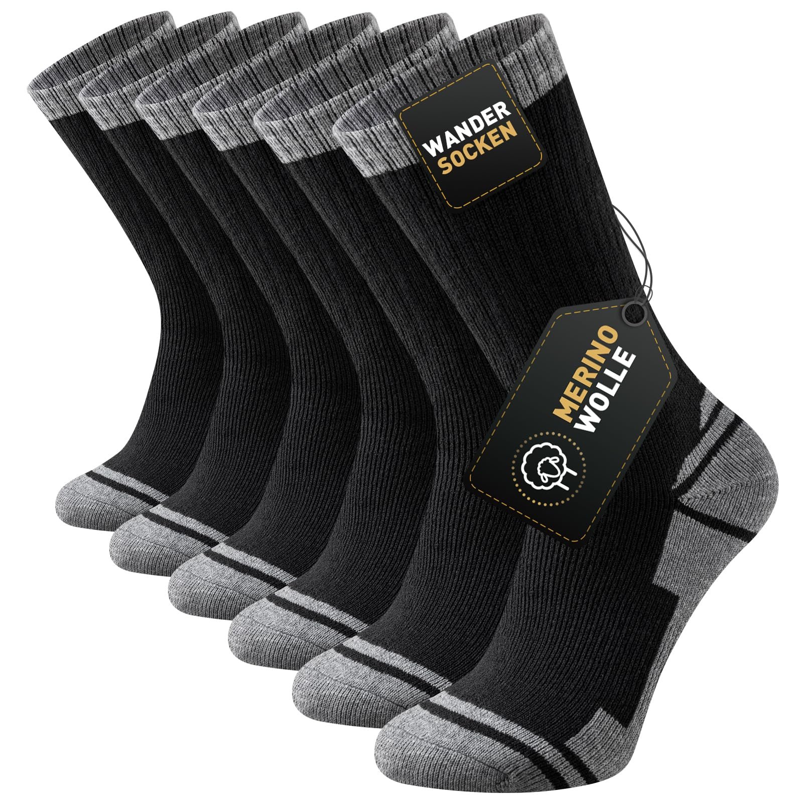 Stoeury Merino Socken Herren Damen, Dicke Wandersocken, Gepolsterte Anti Blase Wollsocken, Atmungsaktiv Merinowolle Trekkingsocken Sportsocken Outdoor Socken, 3 Paar, Schwarz 43-46
