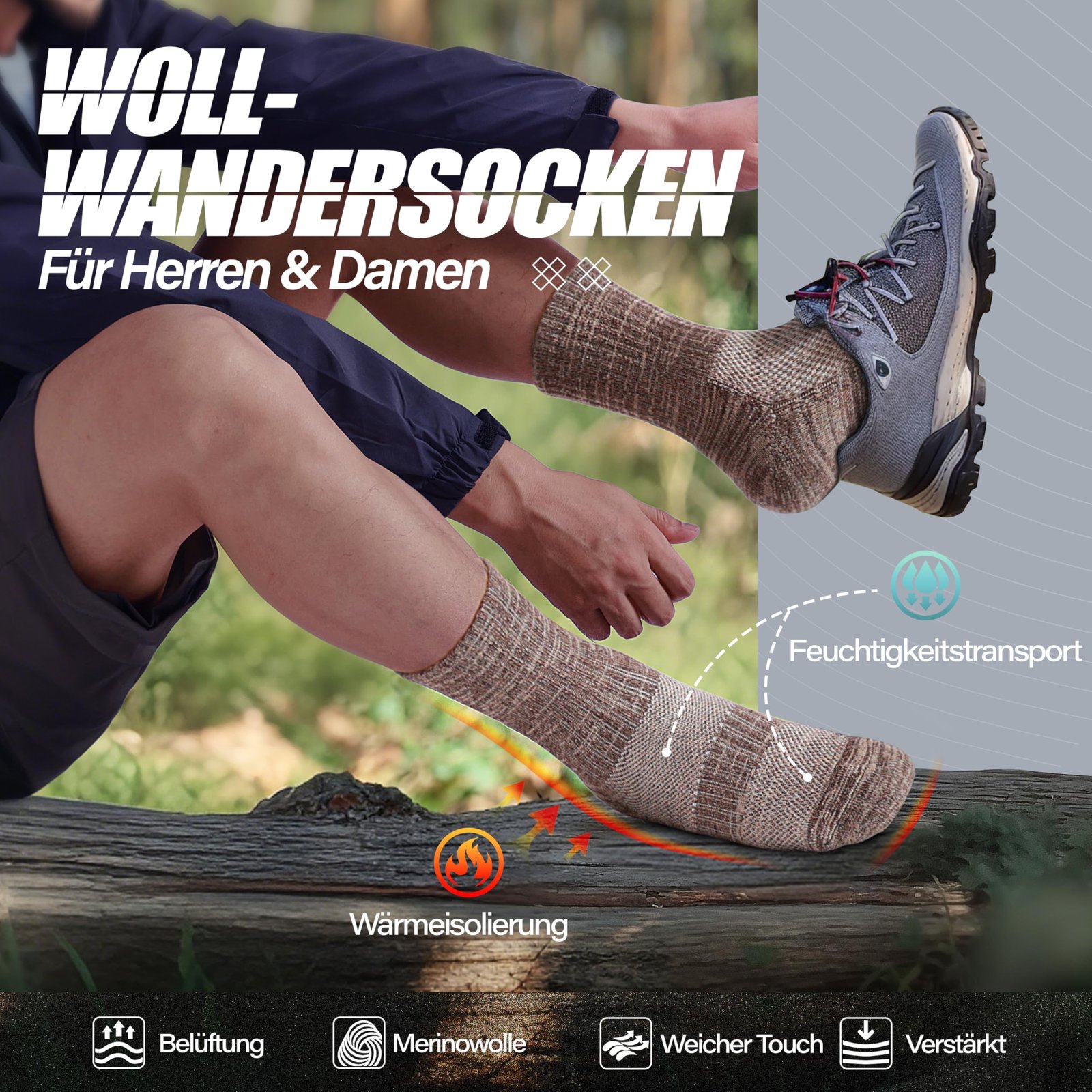 ANTSANG Merino Wolle Wandern Socken für Herren und Damen 5 Paare Warme Winter Dicke Kissen Feuchtigkeit Wicking Crew Socken(Braun,36-42) - Image 2