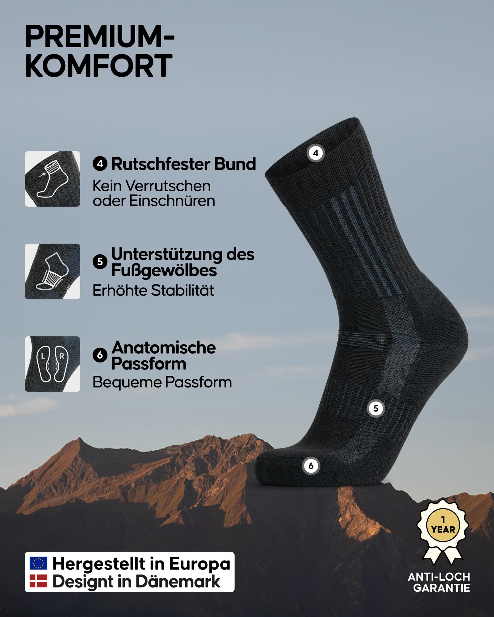 DANISH ENDURANCE Expert Pro Merino Wandersocken, Wollsocken, Funktionssocken, Unisex, Damen & Herren, 2 Paar, Schwarz, 43-47 - Image 3