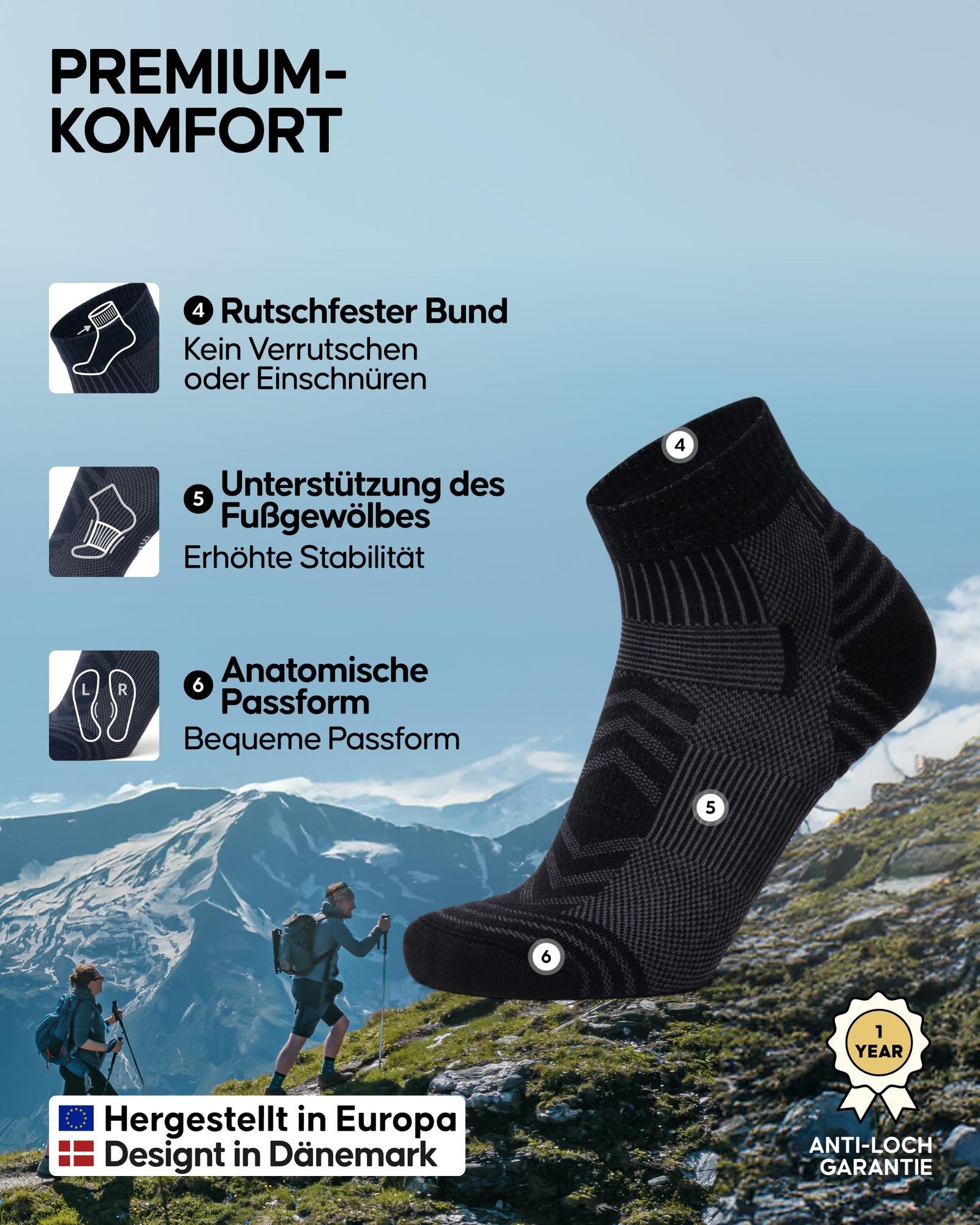 DANISH ENDURANCE Kurze Merinowolle Wandersocken, Atmungsaktiv, Leicht Gepolstert, Herren & Damen, 3 Paar, Schwarz, 43-47 - Image 3