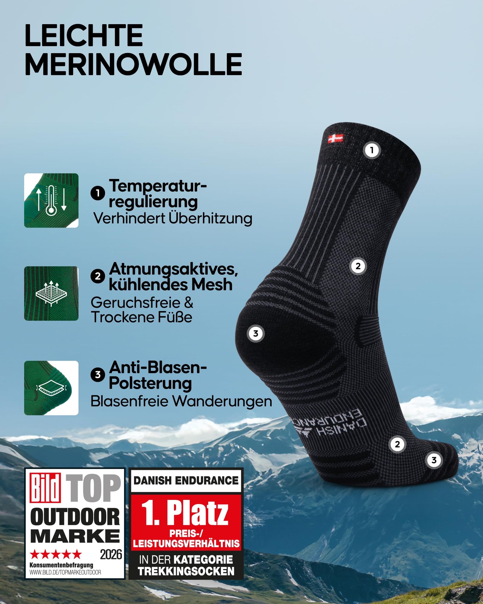 DANISH ENDURANCE Leichte Merinowolle Wandersocken, Arbeitssocken, Atmungsaktiv, Herren & Damen, 3 & 5 Paar, Schwarz 5 Paar, 43-47 - Image 2