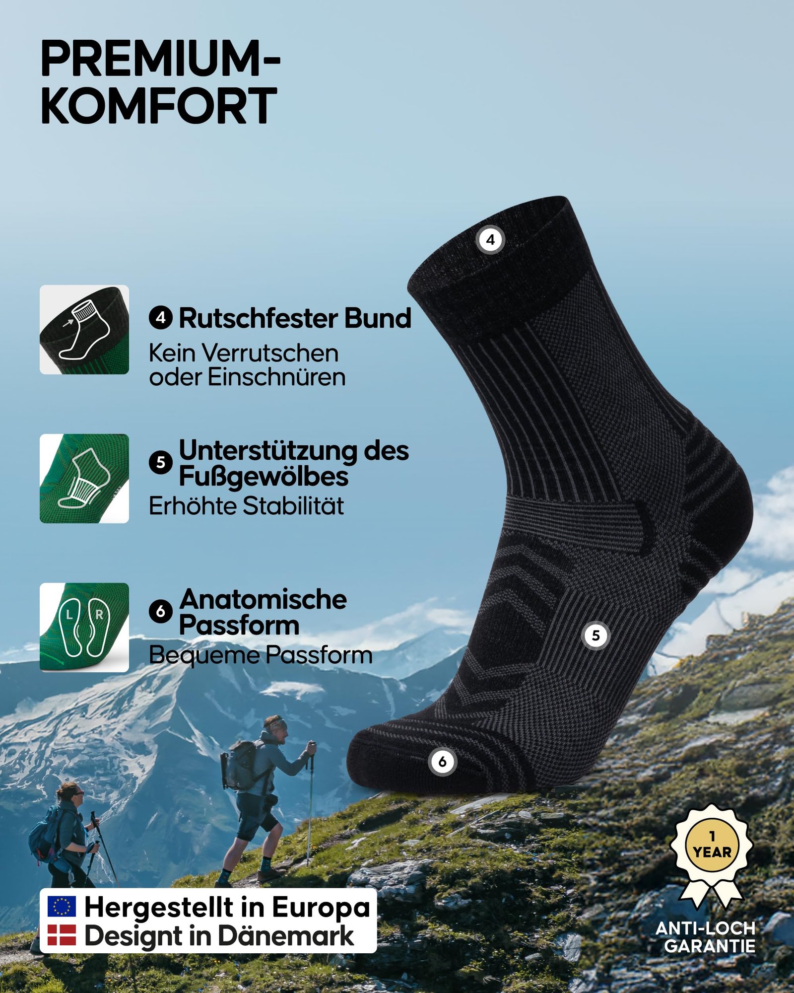 DANISH ENDURANCE Leichte Merinowolle Wandersocken, Arbeitssocken, Atmungsaktiv, Herren & Damen, 3 & 5 Paar, Schwarz 5 Paar, 43-47 - Image 3