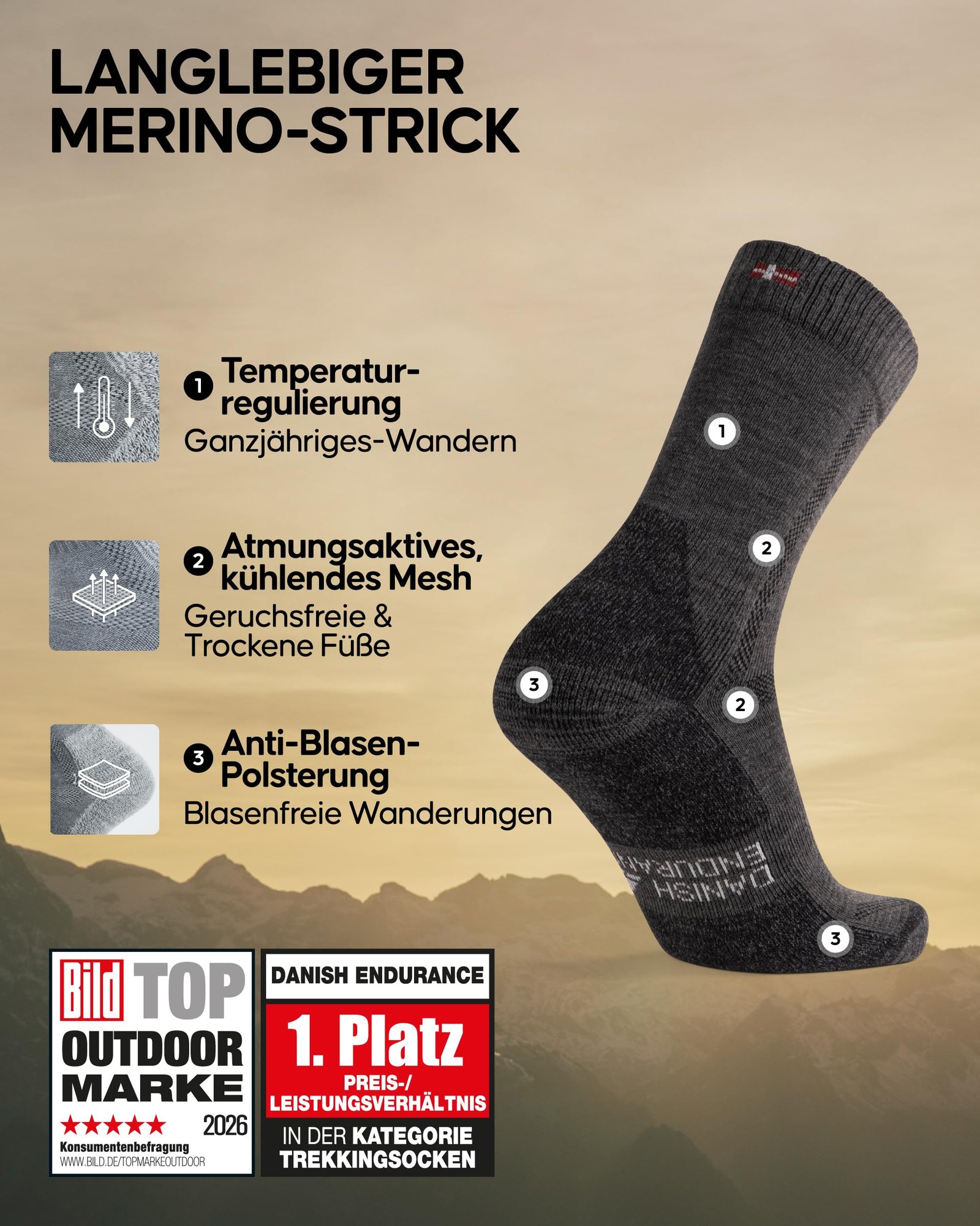 DANISH ENDURANCE Merino Wandersocken, Arbeitssocken, Funktionssocken, Herren, Damen & Kinder, 1, 3 & 5 Paar, Dunkelgrau 3 Paar, 43-47 - Image 2