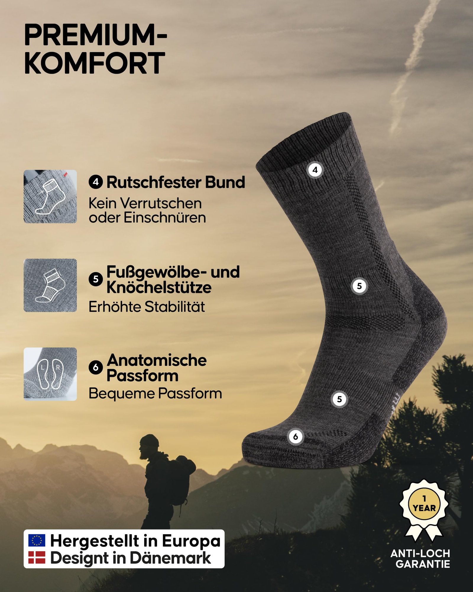 DANISH ENDURANCE Merino Wandersocken, Arbeitssocken, Funktionssocken, Herren, Damen & Kinder, 1, 3 & 5 Paar, Dunkelgrau 3 Paar, 43-47 - Image 3