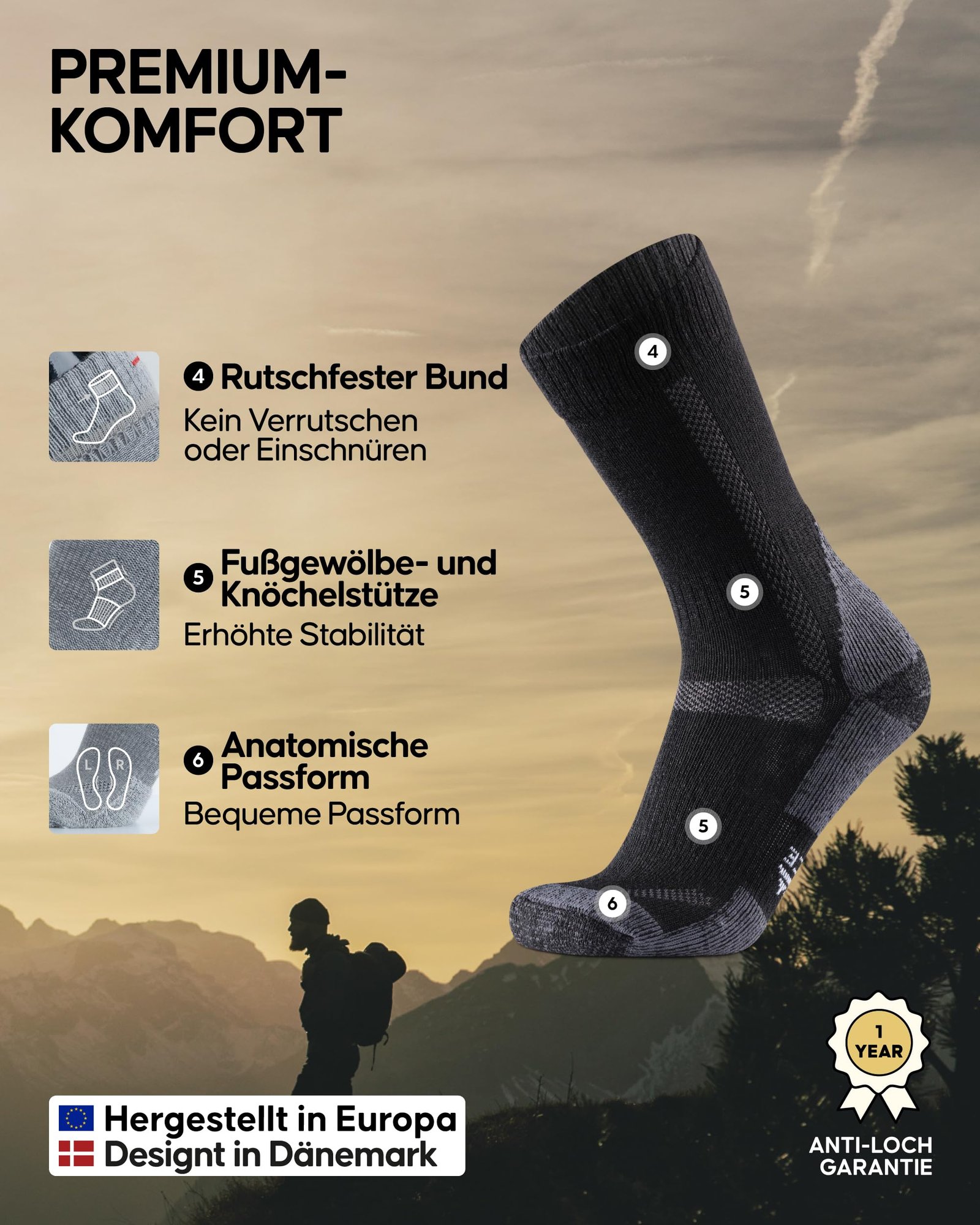 DANISH ENDURANCE Merino Wandersocken, Arbeitssocken, Funktionssocken, Herren, Damen & Kinder, 1, 3 & 5 Paar, Schwarz/Grau 3 Paar, 43-47 - Image 3