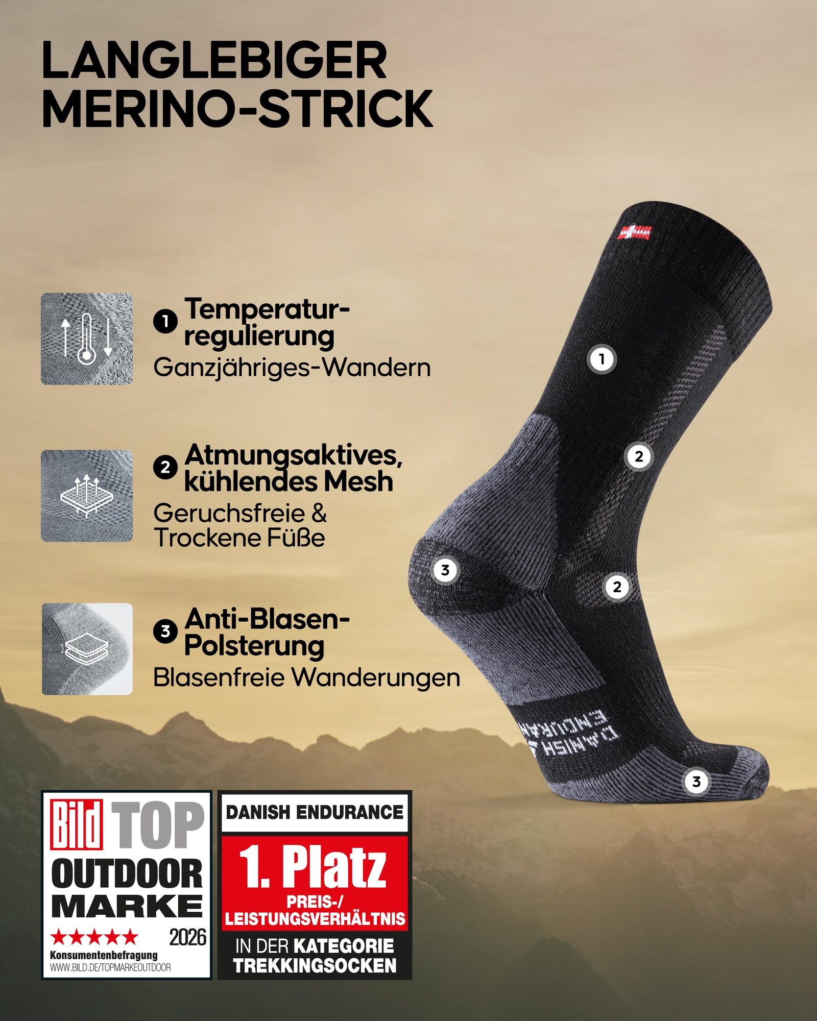 DANISH ENDURANCE Merino Wandersocken, Arbeitssocken, Funktionssocken, Herren, Damen & Kinder, 1, 3 & 5 Paar, Schwarz/Grau 5 Paar, 43-47 - Image 2