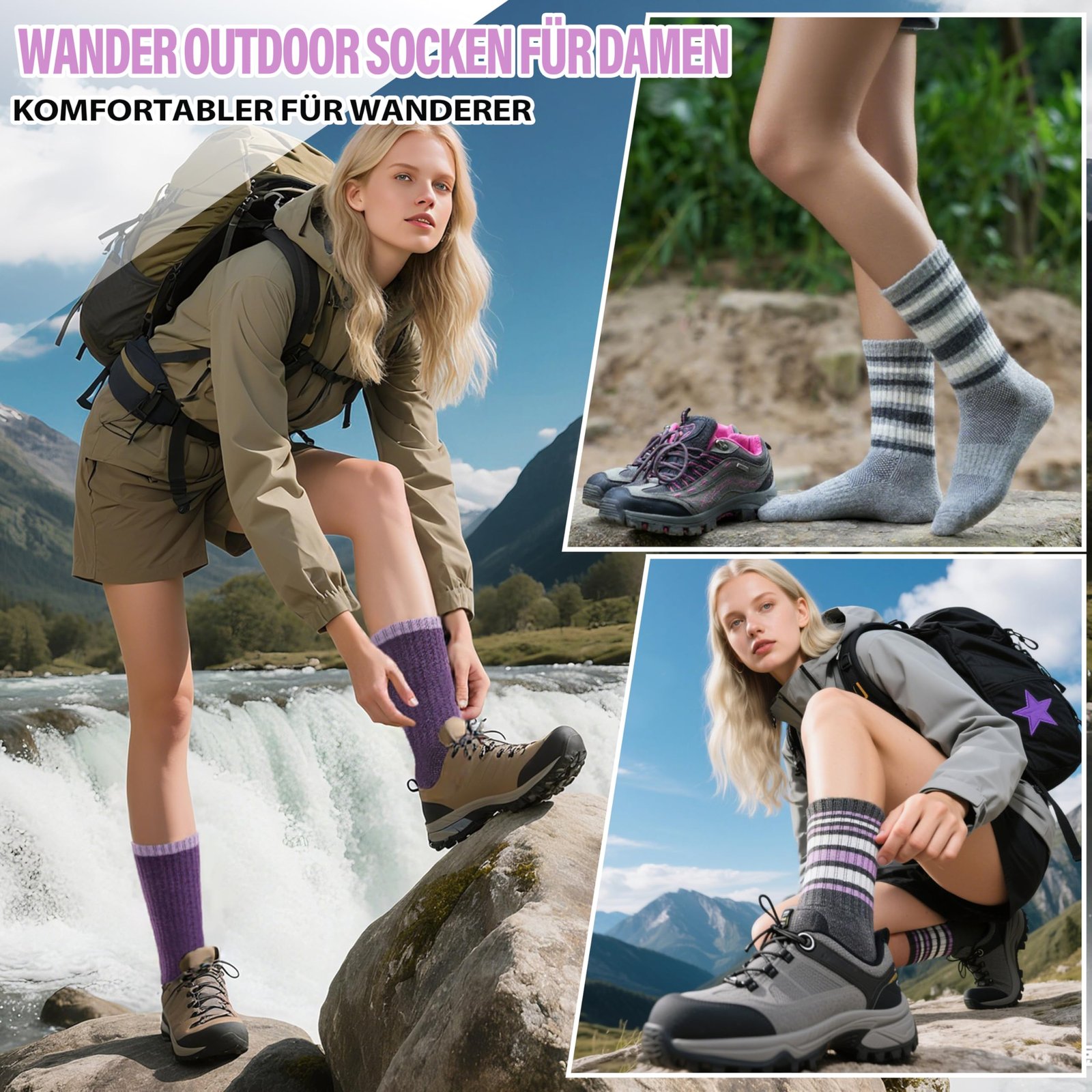 EBMORE Damen Merino Wollsocken Thermosocken Wandersocken Warmesocken Wintersocken Dick Wolle Sportsocken Arbeitssocken für Outdoor 5 Paar Geschenke(Streifen A Violett,M) - Image 2
