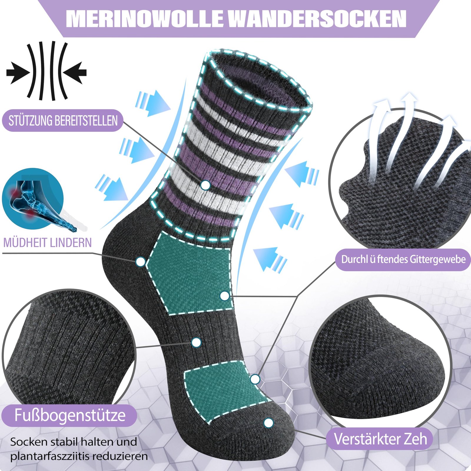 EBMORE Damen Merino Wollsocken Thermosocken Wandersocken Warmesocken Wintersocken Dick Wolle Sportsocken Arbeitssocken für Outdoor 5 Paar Geschenke(Streifen A Violett,M) - Image 3