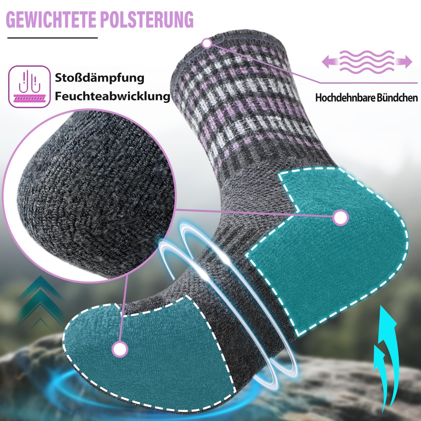 EBMORE Damen Merino Wollsocken Thermosocken Wandersocken Warmesocken Wintersocken Dick Wolle Sportsocken Arbeitssocken für Outdoor 5 Paar Geschenke(Streifen A Violett,M) - Image 4