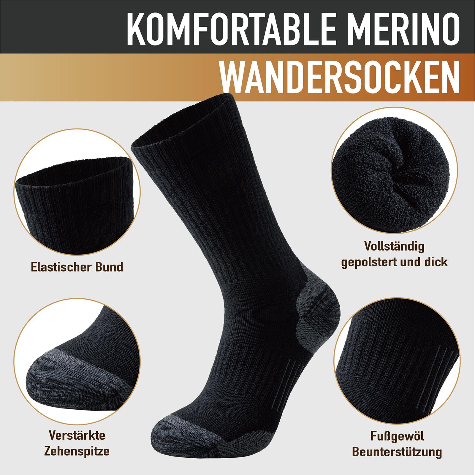Niorasen Merino Wandersocken Herren Damen, 3 Paar Outdoor Trekkingsocken, Merinowolle Sportsocken Laufsocken Sneakersocken Atmungsaktiv Dicke Thermosocken für Herren Damen - Image 2