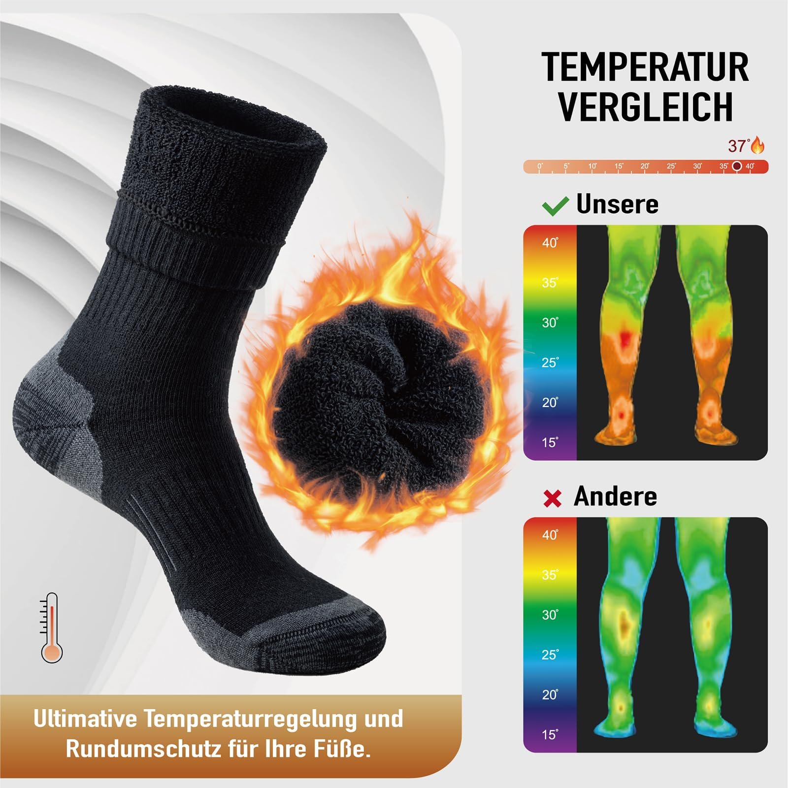 Niorasen Merino Wandersocken Herren Damen, 3 Paar Outdoor Trekkingsocken, Merinowolle Sportsocken Laufsocken Sneakersocken Atmungsaktiv Dicke Thermosocken für Herren Damen - Image 3