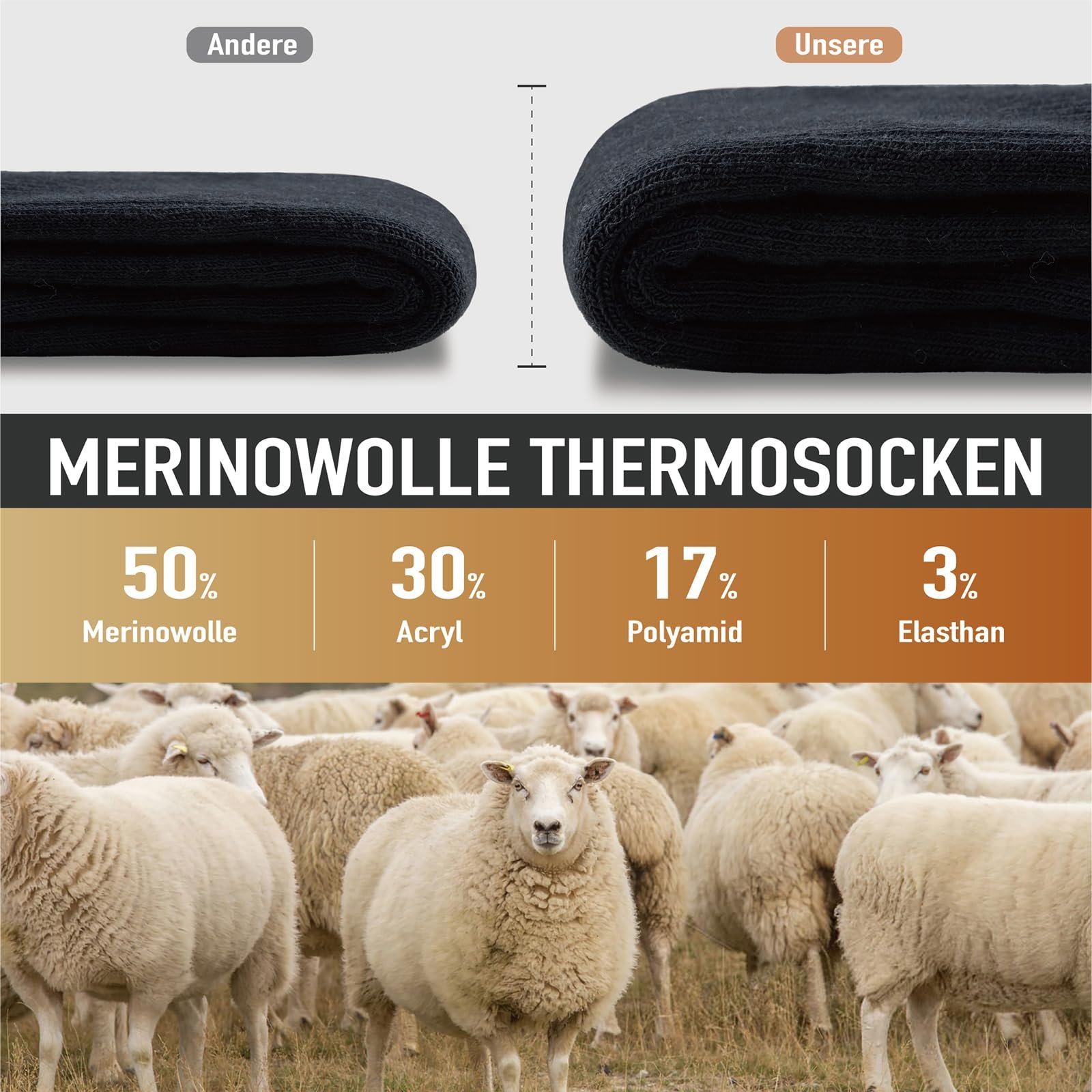 Niorasen Merino Wandersocken Herren Damen, 3 Paar Outdoor Trekkingsocken, Merinowolle Sportsocken Laufsocken Sneakersocken Atmungsaktiv Dicke Thermosocken für Herren Damen - Image 4