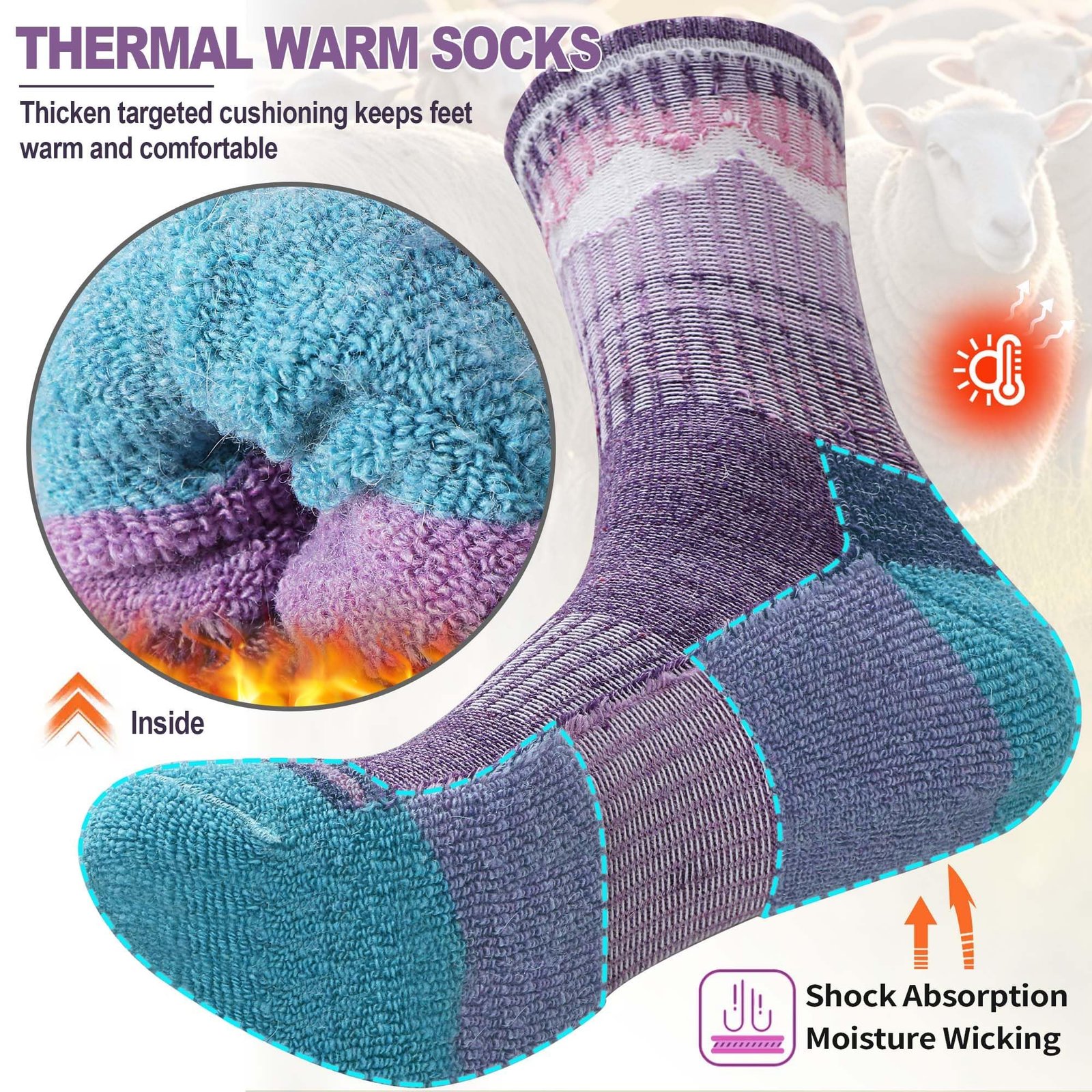 Sandsuced Merino Wandersocken für Damen,Wolle Thermosocken, Atmungsaktive Wintersocken und Warme Merino Wollsocken, Outdoor Trekking Socken 5 Paar(Lila/Blau/Dunkelblau/Rosa/Hellblau,36-42) - Image 3