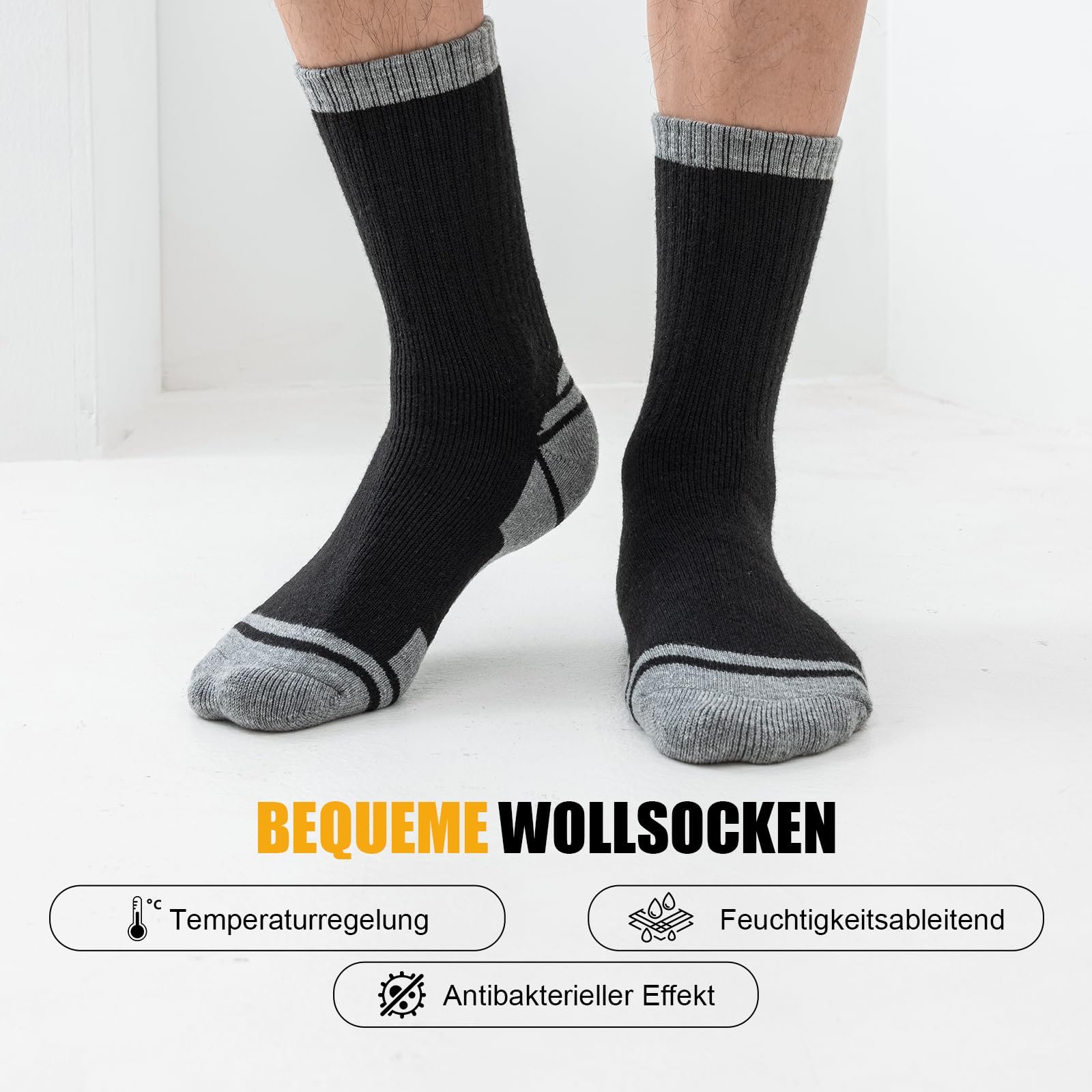 Stoeury Merino Socken Herren Damen, Dicke Wandersocken, Gepolsterte Anti Blase Wollsocken, Atmungsaktiv Merinowolle Trekkingsocken Sportsocken Outdoor Socken, 3 Paar, Schwarz 43-46 - Image 4